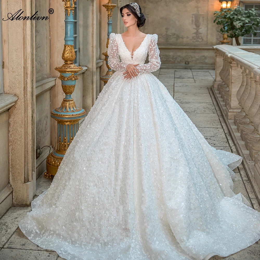 

Alonlivn Gorgeous Lace Full Sleeves A-Line Wedding Dresses Luxury Beading Pearls Embroidery Bridal Gowns