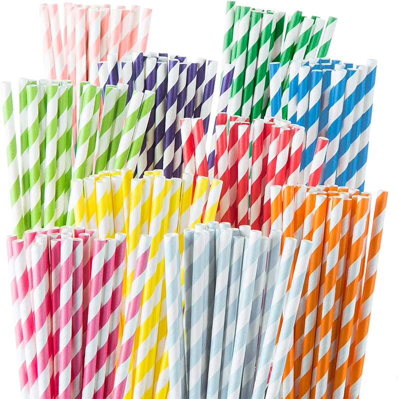 LMETJMA 250 Pcs Biodegradable Paper Straws Durable Eco-Friendly 10 Color Stripes Drinking Striped Paper Straw JT57