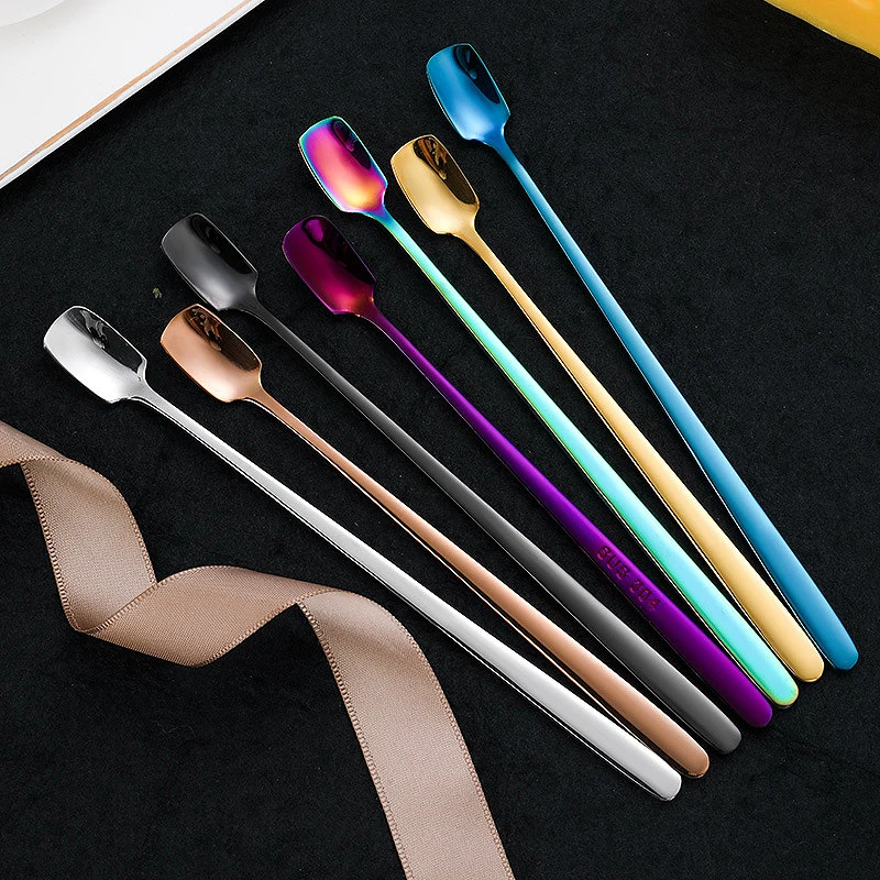 1Pcs Long or Short Handle Color Spoon For Tea Coffee Milk Drink Stainless Steel Tableware