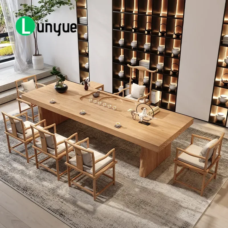 New Chinese Style Solid Wood Tea Table and Chair Set Large Log Board Kung Fu Tea Desk Integrated Furniture for Living Room