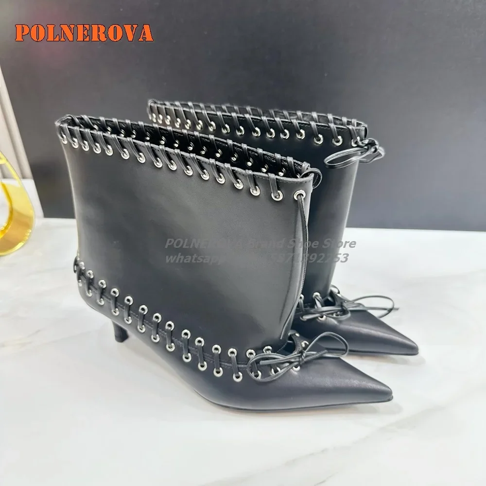 

Pointed Toe Rubber Kitten Heel Black Ankle Boots Street Style Eyelets and Whipstitching Solid Fashion Modern Boot New Arrivals