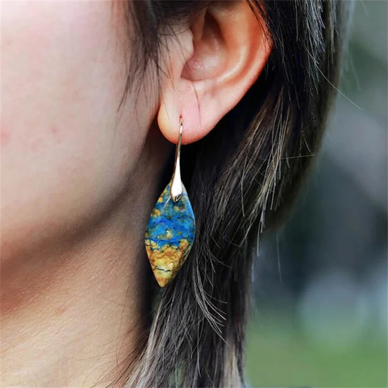 Moda Biżuteria Akcesoria Prezenty Styl Bohemian Imperator Kamień Liść Wisiorek Kolczyki Kobiety Naturalny Kamień Spersonalizowane Kolczyki — zdjęcie 3