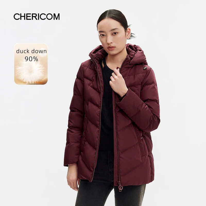 Chericom 여성용 짧은 후드 다운 재킷, 두꺼운 따뜻한 패딩 재킷, 탈부착 캡, 스키니 레드 퍼퍼 코트, 겨울 298305