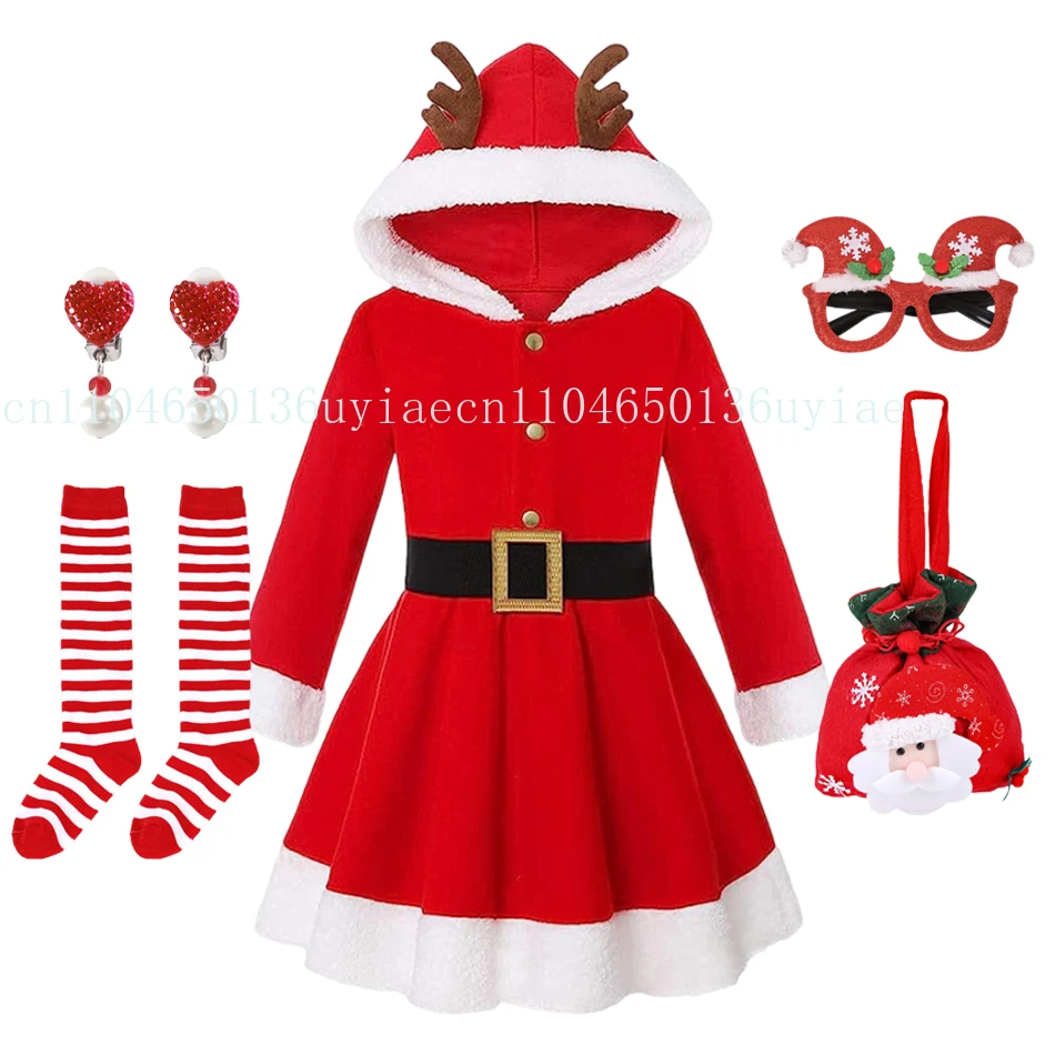 

Girls Christmas Dress Hooded Long Sleeve Costume Festival Santa Clause Kids New Year Clothing Fancy Dress Xmas Party Costume