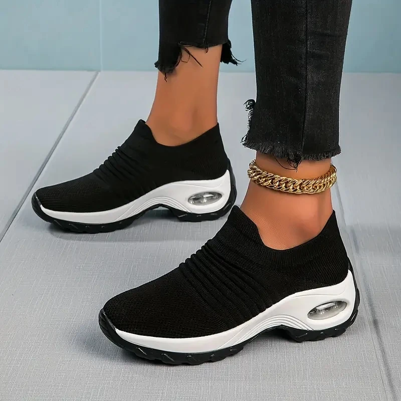 Women Slip-on Sock Sneakers Ladies Air Cushion Walking Running Shoes Black Fashion Non-Slip Comfortable Casual Shoes 1839 v