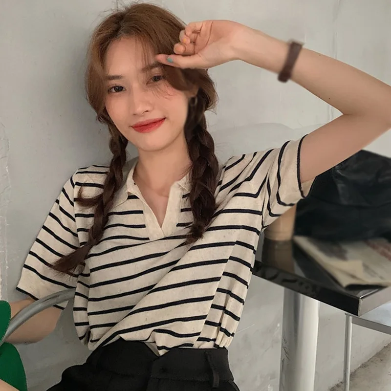 Summer Women's Knitted Short Sleeve Top T-shirt Loose French Stripe Shirt Casual Versatile Tops Student