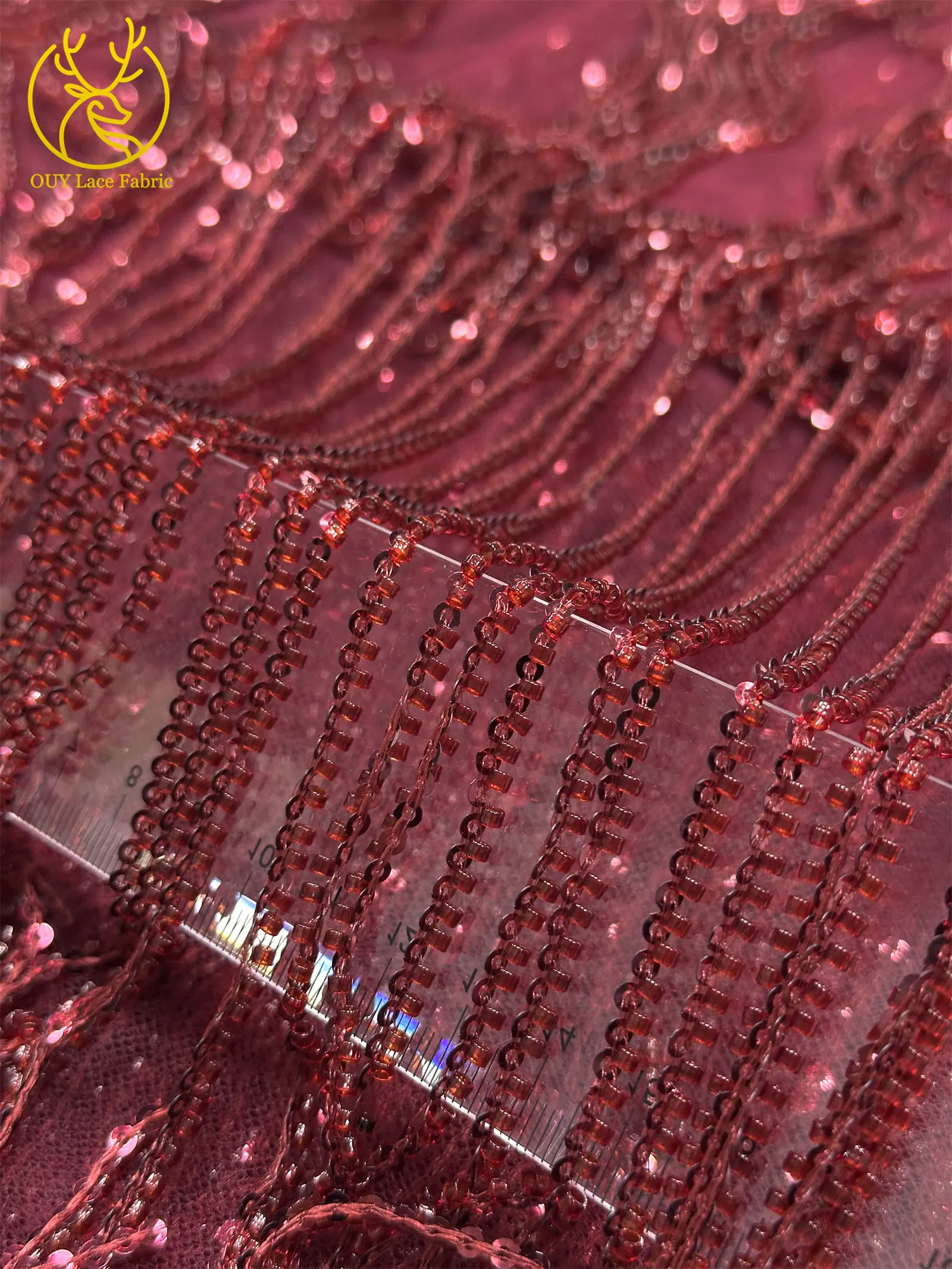 Weinroter nigerianischer 3D-Quasten-Perlen-Spitzenstoff, französischer Pailletten-Tüll-Spitzenstoff, afrikanischer Spitzenstoff für Damen, Hochzeitskleid, Nähen – Detail 27