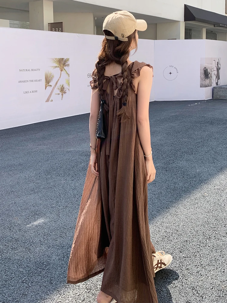 

Летние женские брюки-комбинезон Ce Au Lait с открытыми плечами, плиссированными свободными широкими штанинами и небольшими карманами