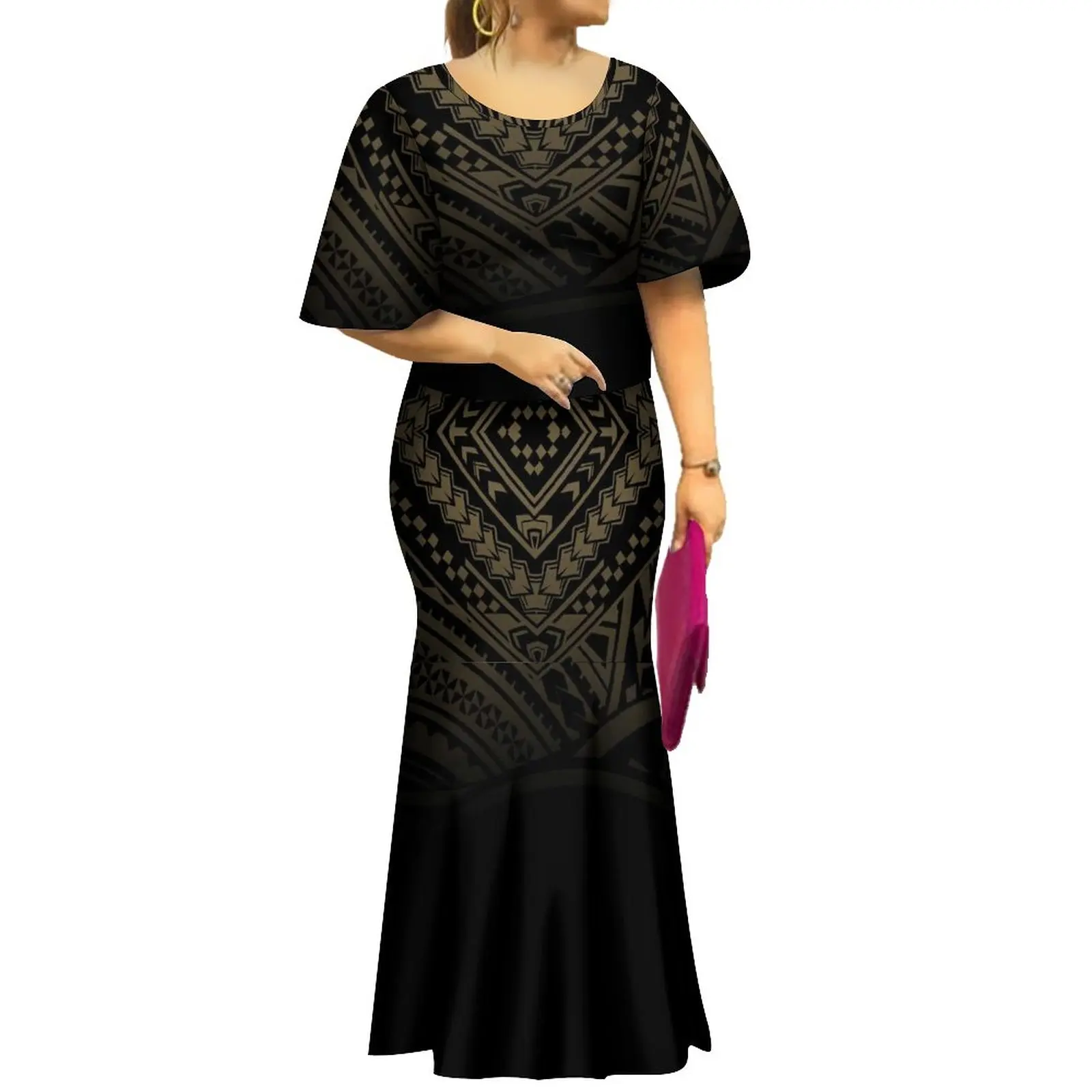 مجموعة ملابس نسائية جديدة لعام 2023 من Samoan Puletasi بطباعة على شكل خفاش وأكمام طويلة ذات ذيل السمكة من قطعتين فستان ملابس نسائية بولينيزية