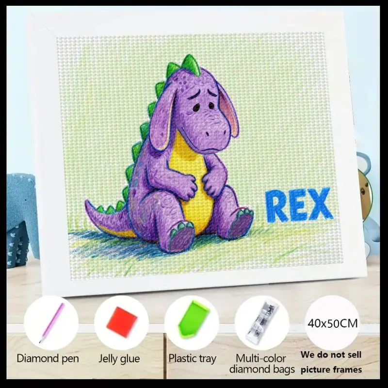 

1 шт. детский набор для алмазной живописи «сделай сам», очаровательный мультяшный фиолетовый грустный динозавр REX, полный дрель, набор для творчества с кристаллами и драгоценными камнями, диаметр 40x50 см