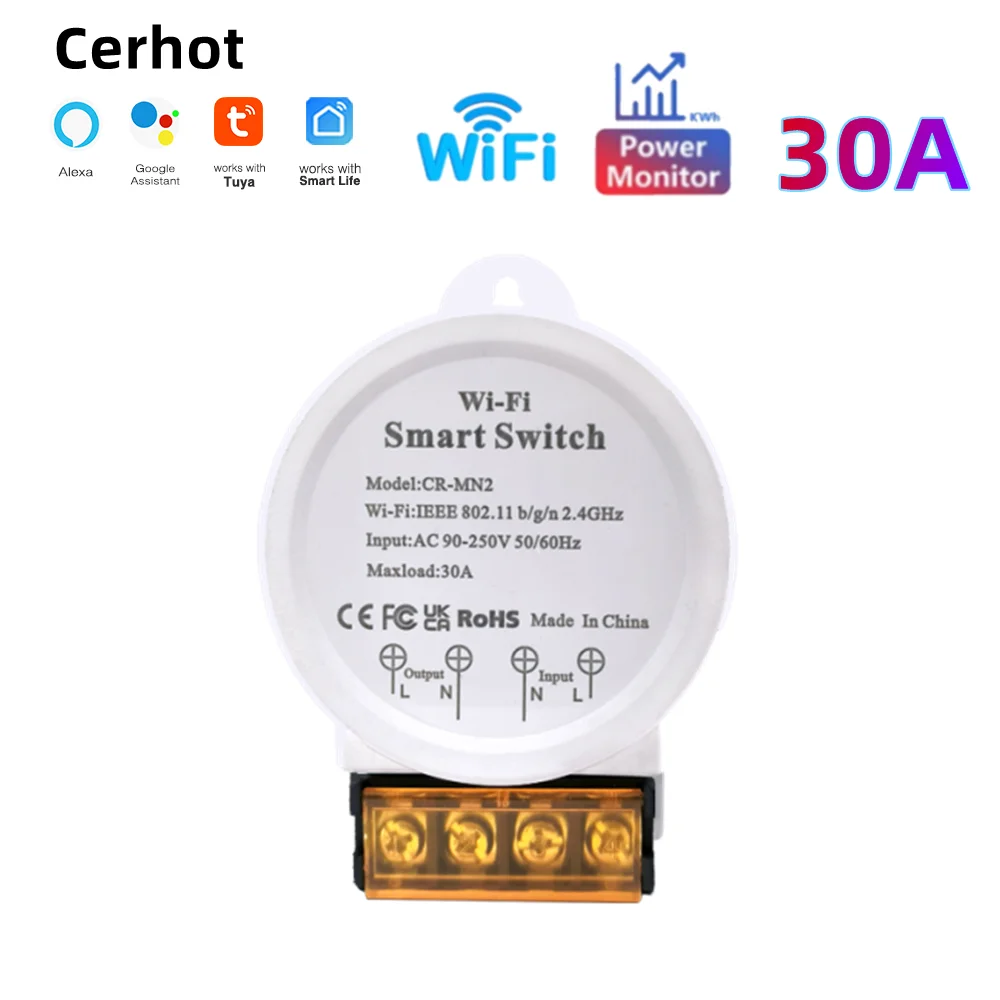 

Cerhot Power Monitor Tuya Switch Control 30A AC100-240V WiFi Smart Switch Works With Alexa Google Assistant Voice Control