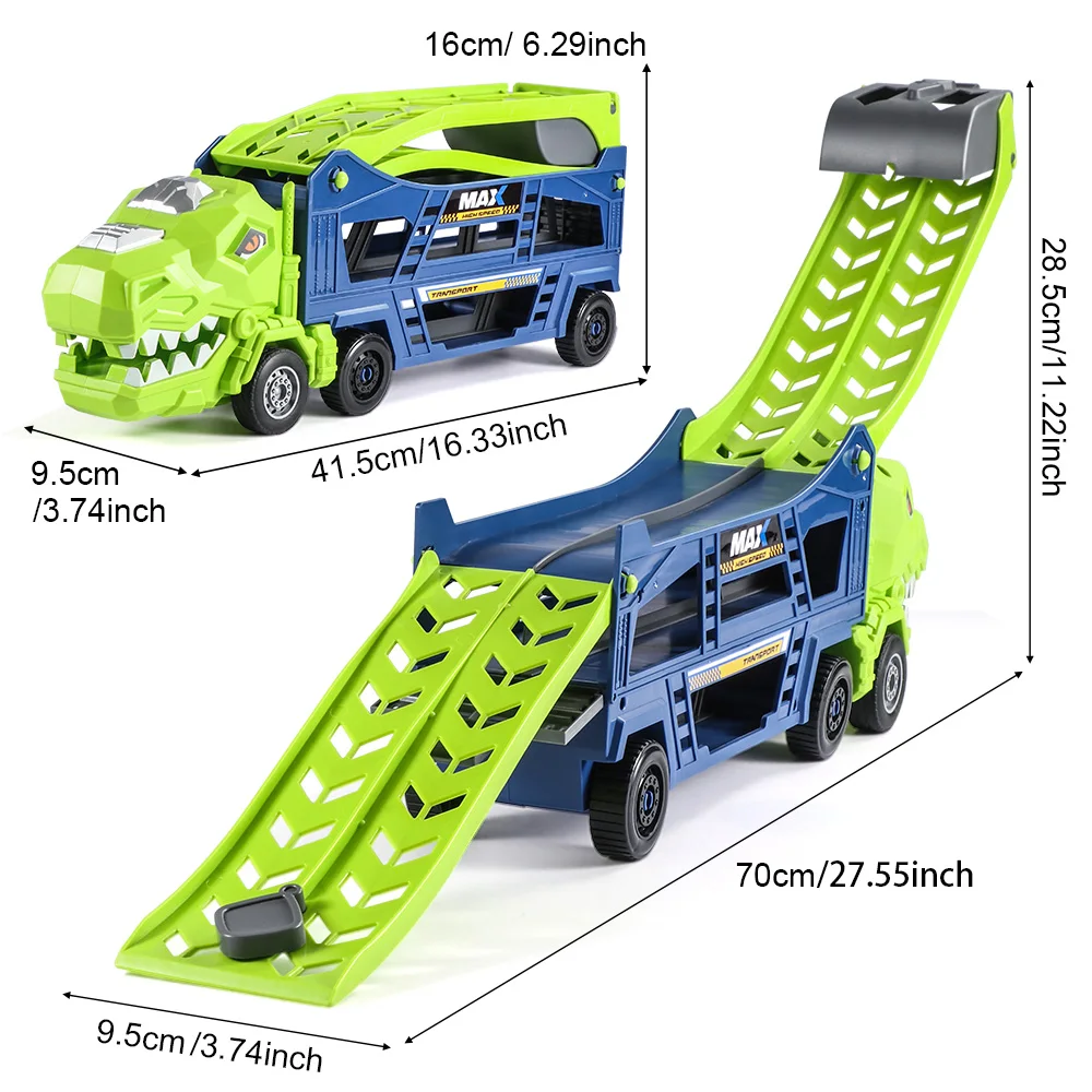 Dinosaur rail transport truck toy, no battery, equipped with 6 metal racing cars, Christmas, children's birthday gifts