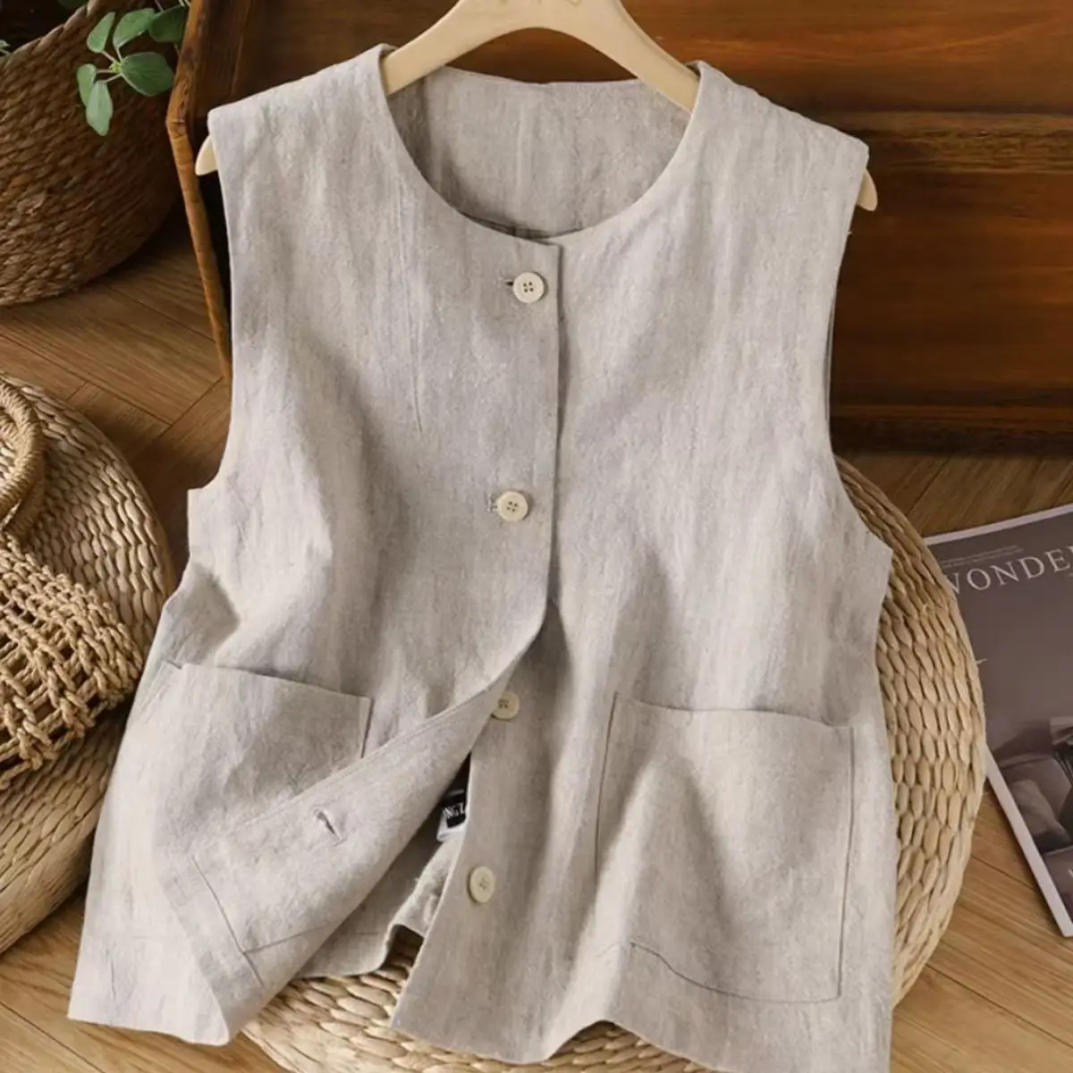 Womens Cotton and Linen Vest Waistcoat