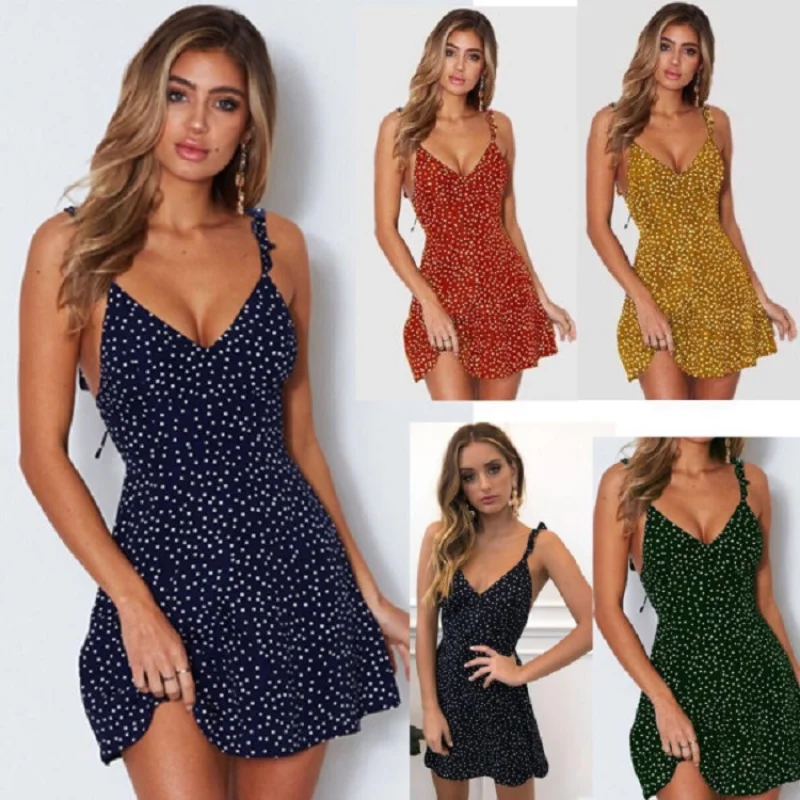 

New Summer Dot Print Sexy V-neck Sleeveless Camisole Dress for Women Slim Fit Vintage Dresses Streetwear 3XL Plus Size Bohemia