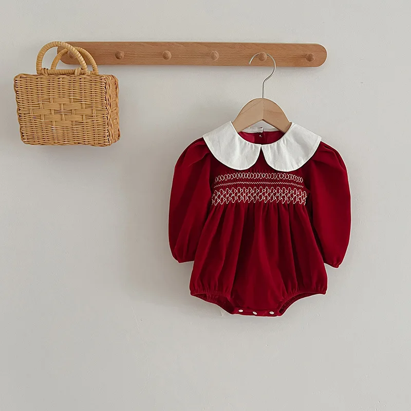 

Girls New Year Rompers 2025 Autumn Spring Red Long Sleeve Peter Pan Collar Embroidery Bodysuits Infant Cute Jumpsuit