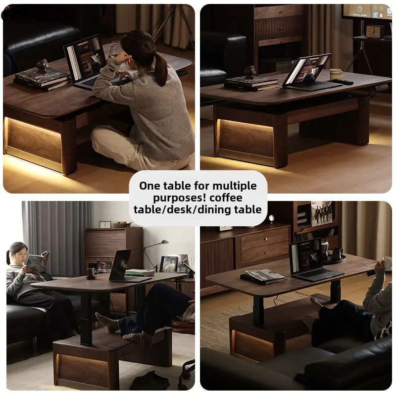 HXL Black Walnut Electric Lift Coffee Table Dining Table Dual-use Multi-functional Mobile Tea Table