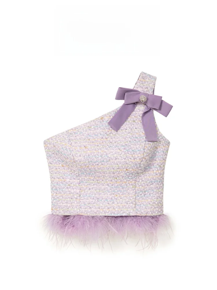 

AZZHEN Фиолетовый вязаный комплект f-Sve с открытыми плечами и полуповседневным женским модным костюмом из двух предметов со страусиными перьями для всех сезонов...