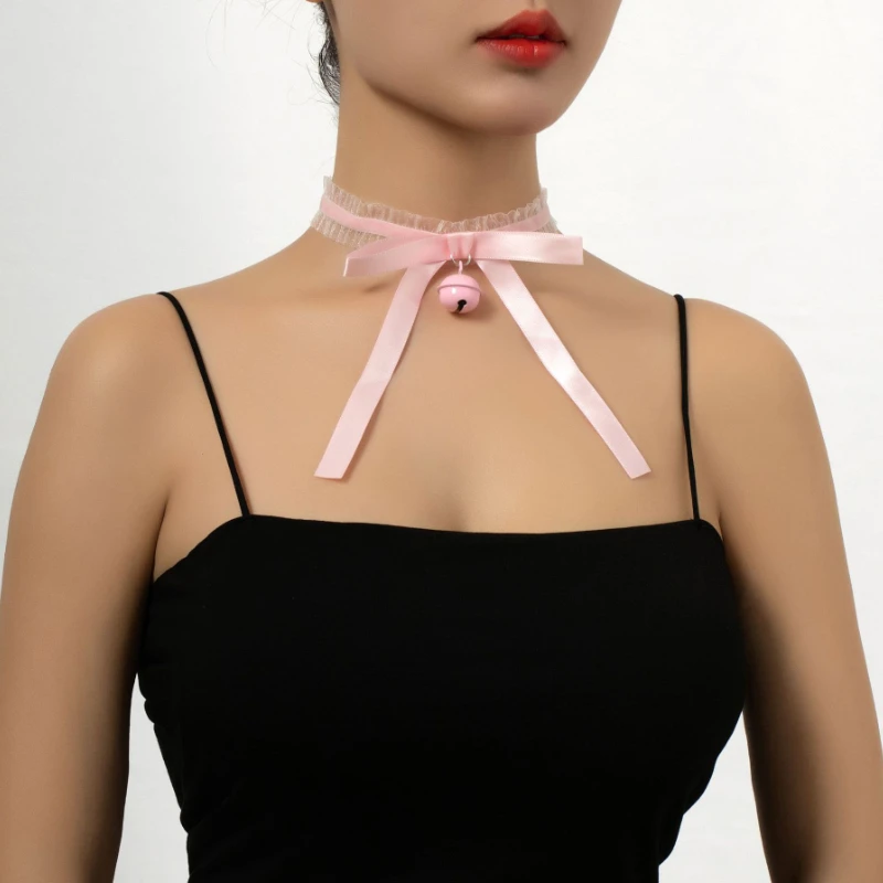 Kawaii Black Lace Choker Necklace with Bow and Bell Cute Lolita Cat Bell Collar Maid Cosplay Jewelry Gothic Neck Band for Women