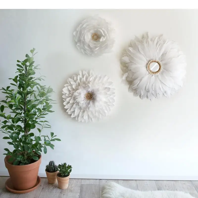 White Feather Wall Ornaments Straw Weaving Crafts Flower Decorative Hanging Pictures Living Room Wall-mounted Artificial