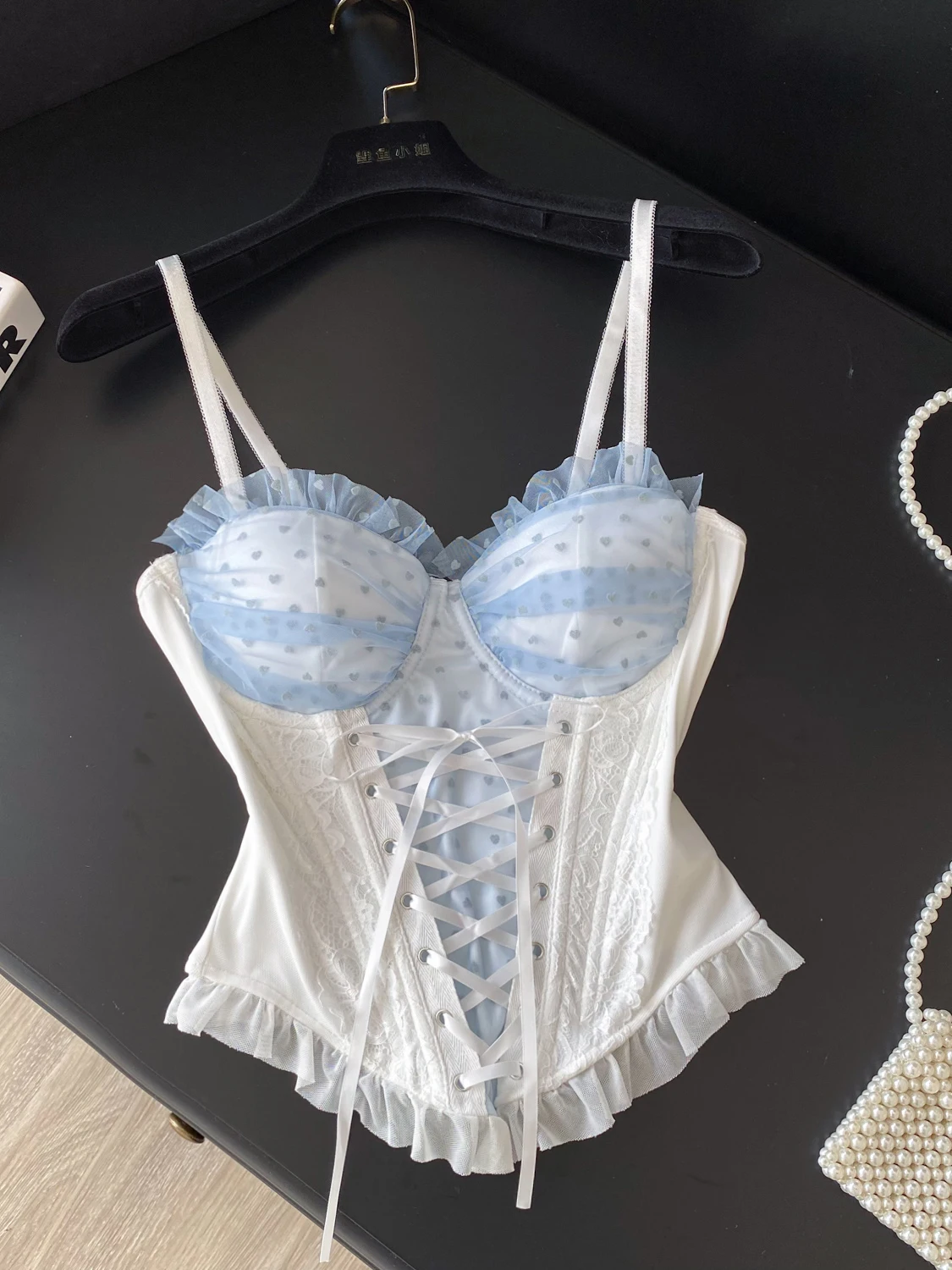 Stunning Lace Polka Dot Mesh Splice Strap Vest Women's Outerwear Belted Fishbone Bra Sexy Top Autumn 2026 Commute Style Slim Fit