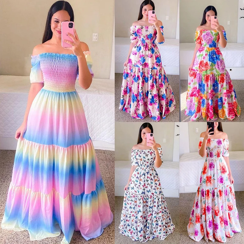 

One-shoulder floral dress with rainbow color floor printing pattern waist-hugging trendy new women's party vacation skirt 2025
