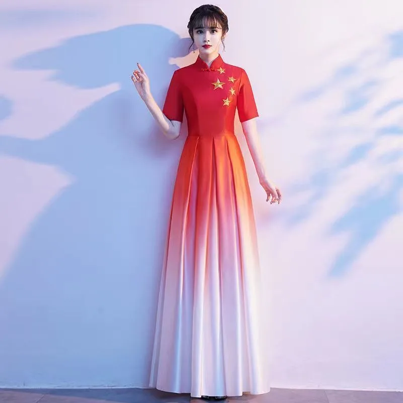 2024 chór Cheongsam sukienki w stylu chińskim kobiet elegancka wydajność Qipao długa siateczkowa szata De Soiree Bigsize 3Xl