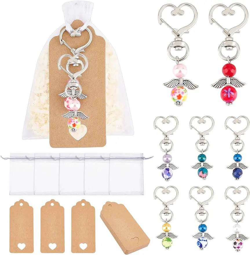 20Sets Angel Keychain Favors Set Angel Pearl Beads Pendant Keychain with 20Pc White Organza Gift Bags and 20Pcs Blank Kraft Tags