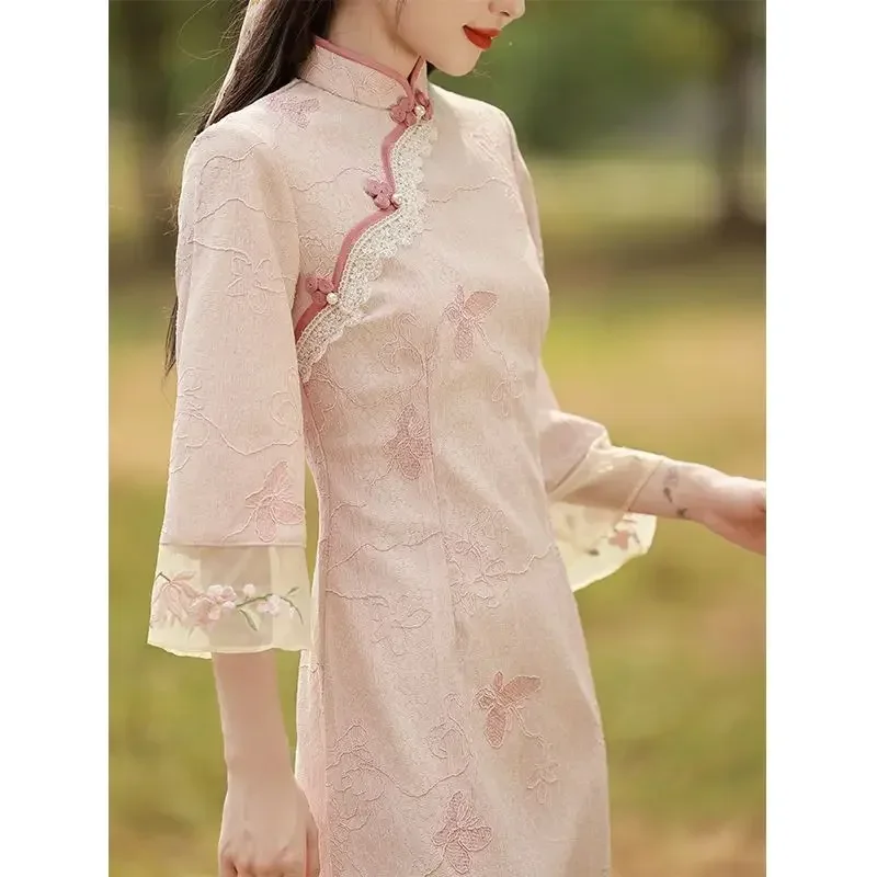 

2023 New Pink Cheongsam Embroidery Lace Women Dress Vintage Long Improved Sleeve Chinese Traditional Qipao S To XXL