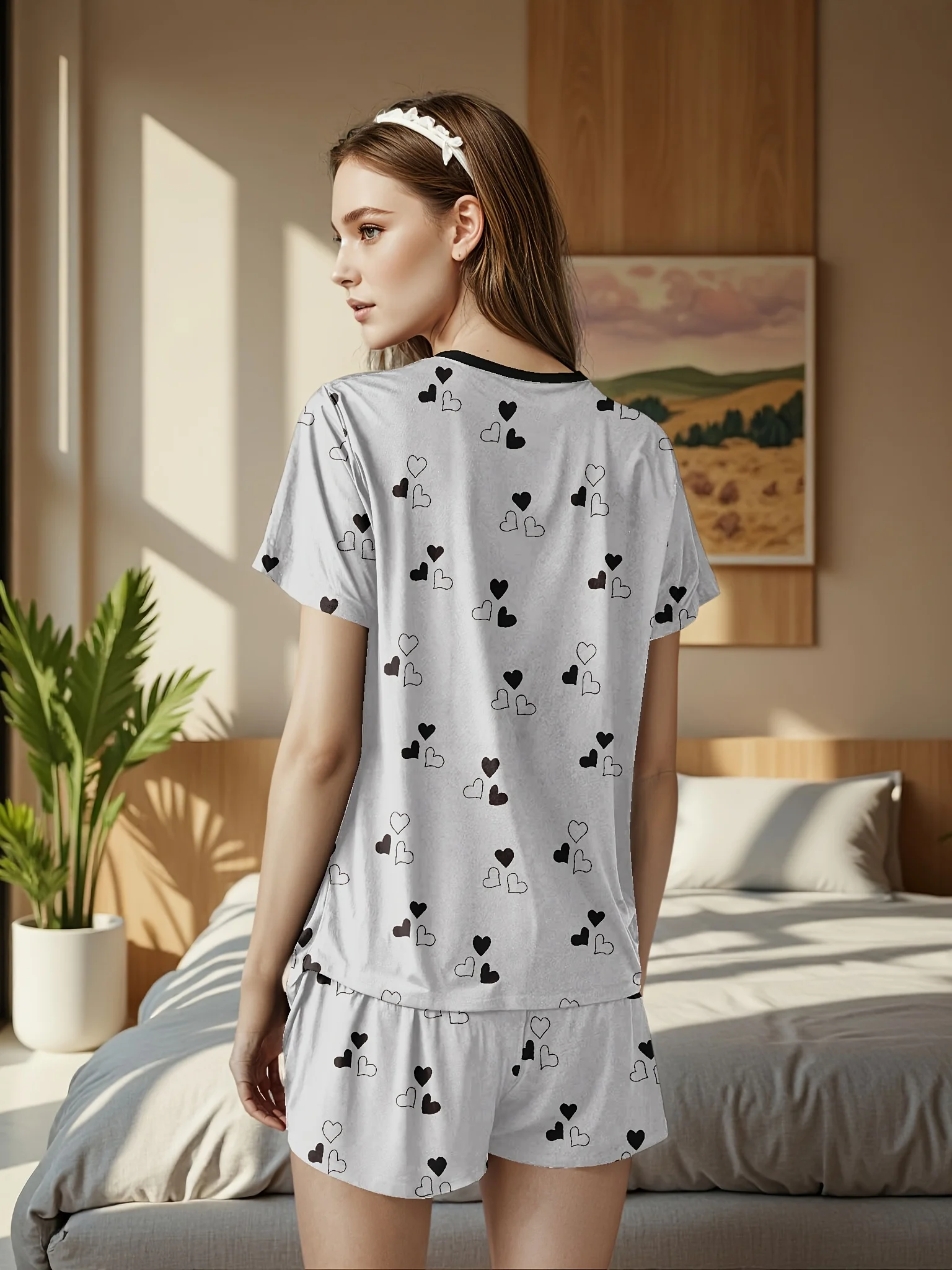 Women's pajama set with heart-shaped prints, comfortable summer clothing