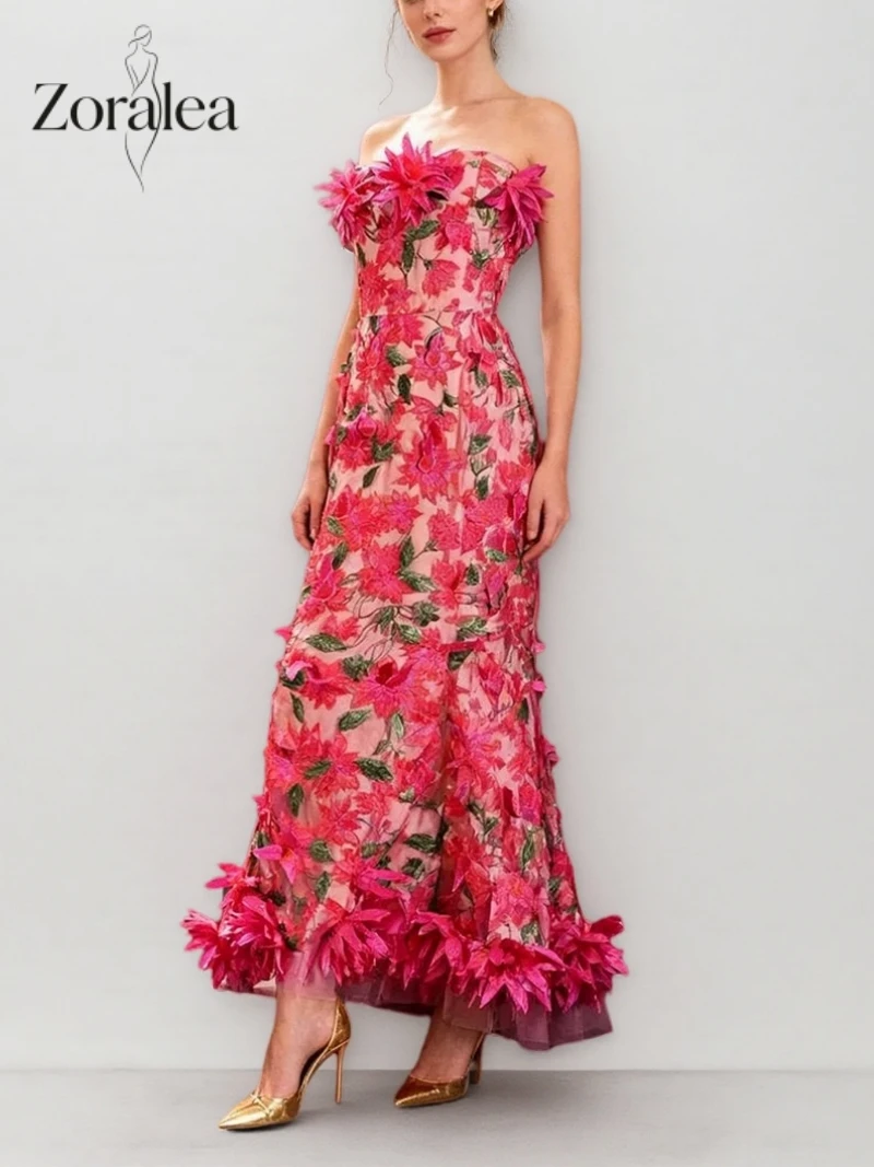 

Zoralea Gorgeous Strapless Fuchsia 3D Floral Applique Mermaid Maxi Dress - Women's Evening Party Prom Wedding Guest Gown