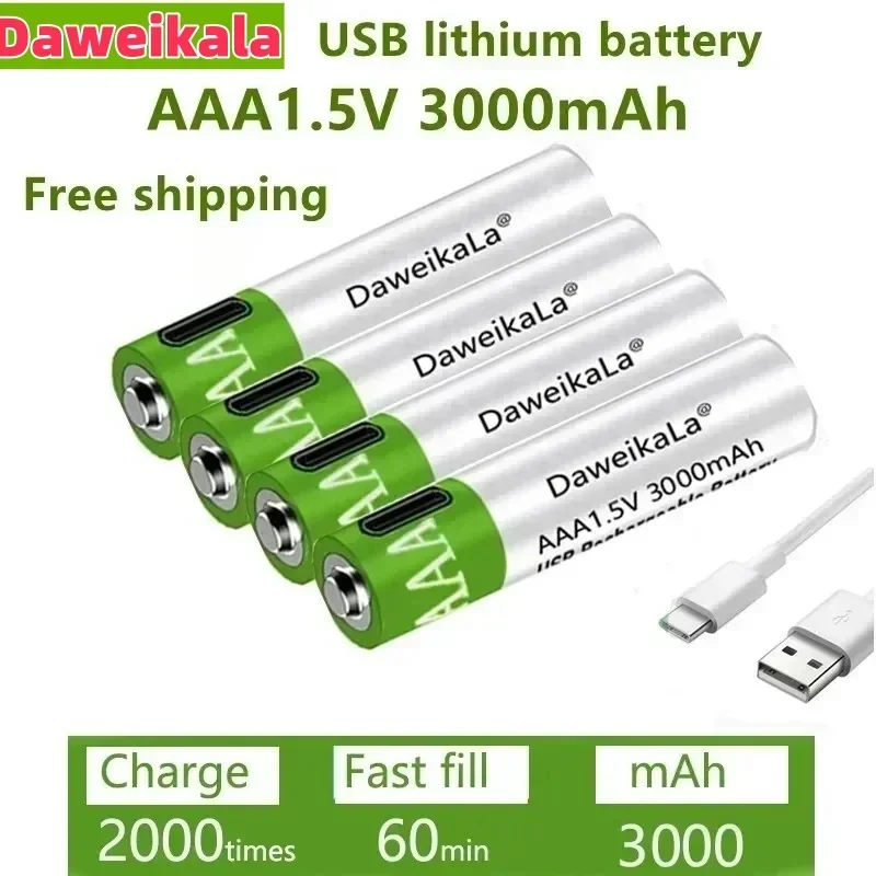 

2025 NEW USB AAA Rechargeable Batteries 3000mAh li-ion battery for remote control mouseElectric toy battery + Type-C Cable 1.5V