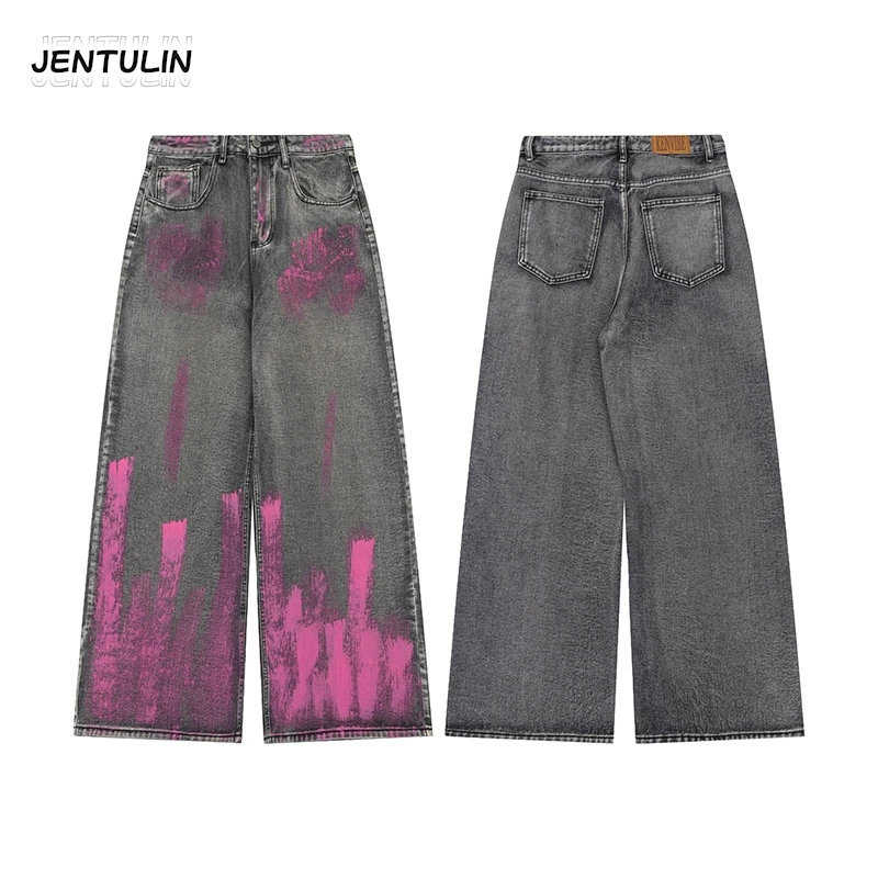 

Vintage Style Fashion High Waisted Street Pink Print Loose Wide Leg Denim Pant Women Harajuku Y2k Loose Jeans Women's Streetwear