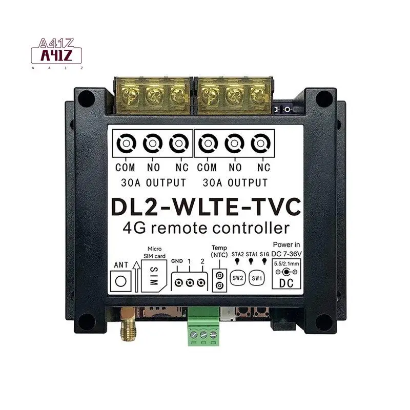 

A41Z-GSM 4G SMS APP Web Remote Controller Switch DL2-WLTE 30A 2 Channel Relay Output With Temperature Sensor DI Input Alarm