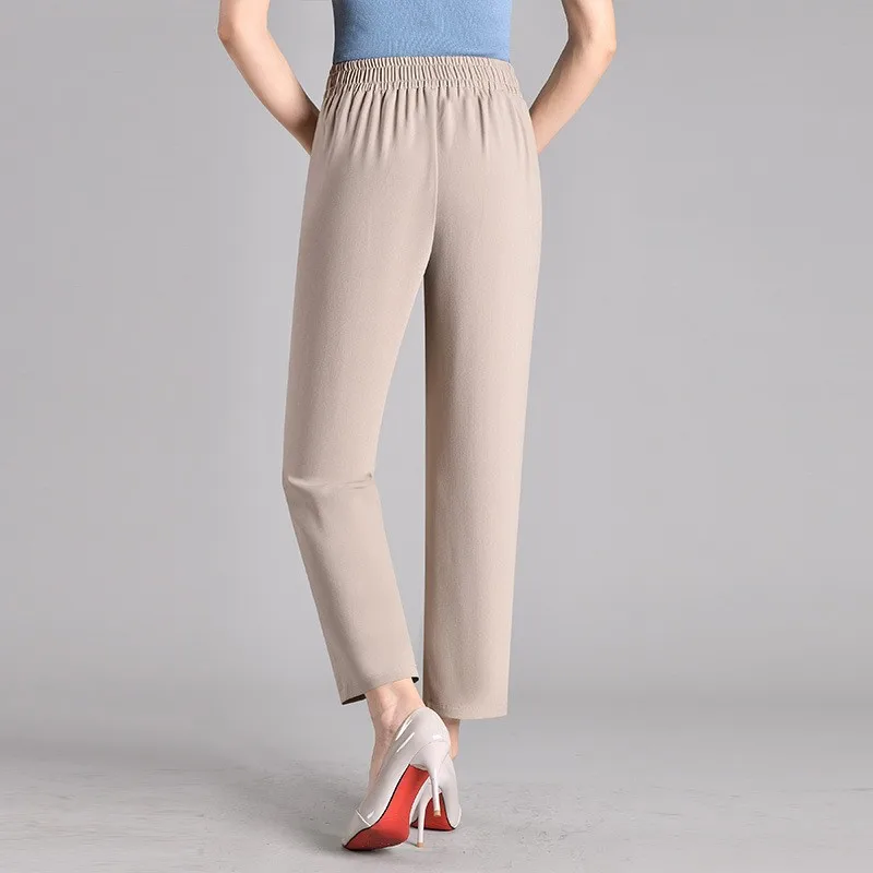 Calças Casuais de Aodão e Linho de Cintura Alta, Finas, Elásticas, com Pernas Retas, Estilo Mãe, Calças Longas de Nove Pont...