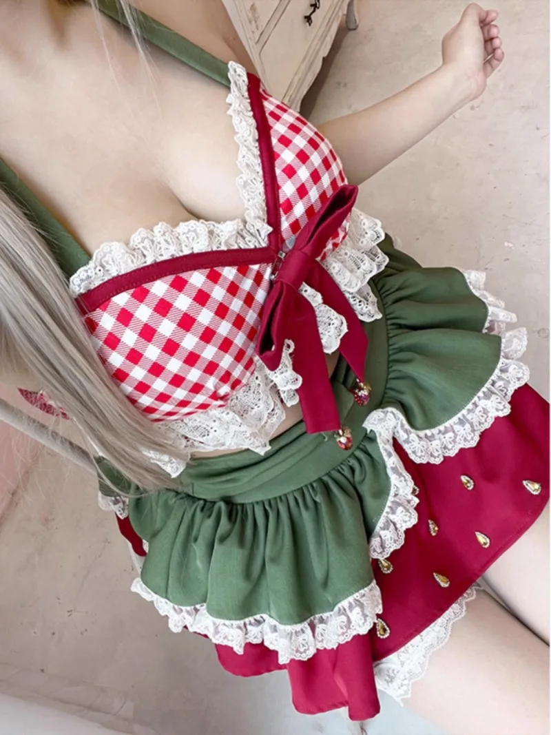 

Kawaii Bow Lace Halter Neck Crop Tops Mini Cake Skirts Suit Female Korean Y2k Beach Outfits Sweet Lolita Style 2 Piece Set Women