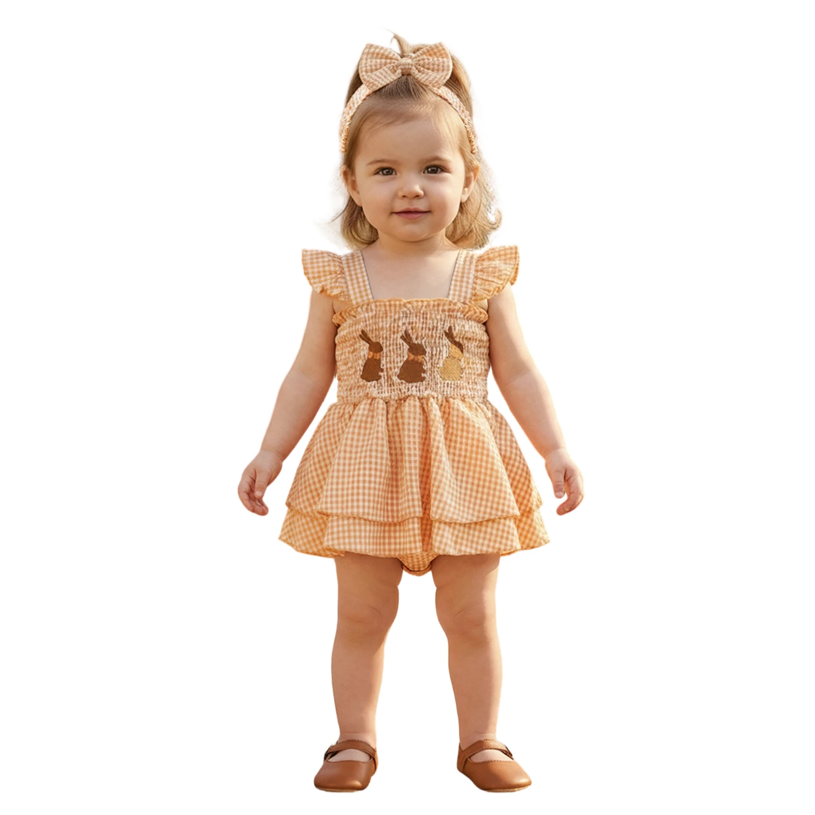 

Baby Girl Easter Outfit Fly Sleeve Plaid Embroidery Rabbit Romper Dress with Headband
