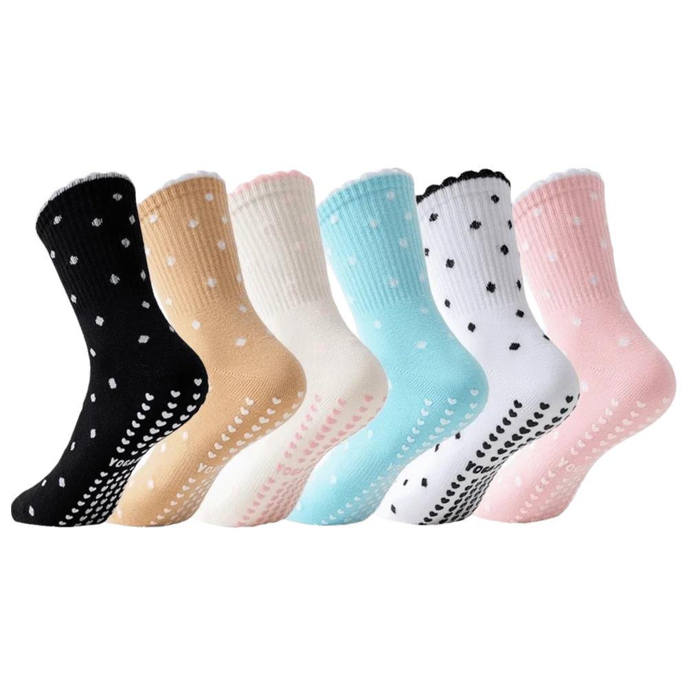 Cotton Yoga Socks Non Slip Grip Ruffled Trim Pilates Socks Polka Dot Pattern Mid‑calf Socks Women Exercise