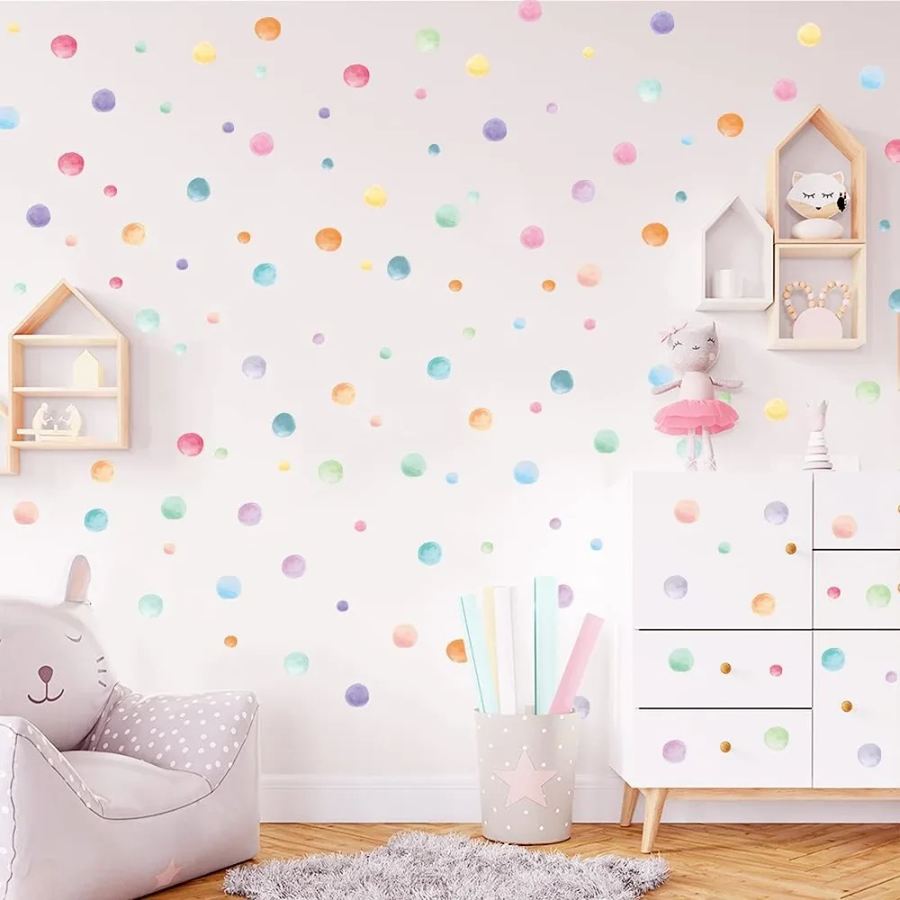 Removable Watercolor Polka Dot Wall Stickers - Kids Room Decor, Colorful Easy-Paste Wall Decals for Children Bedroom Home Deco