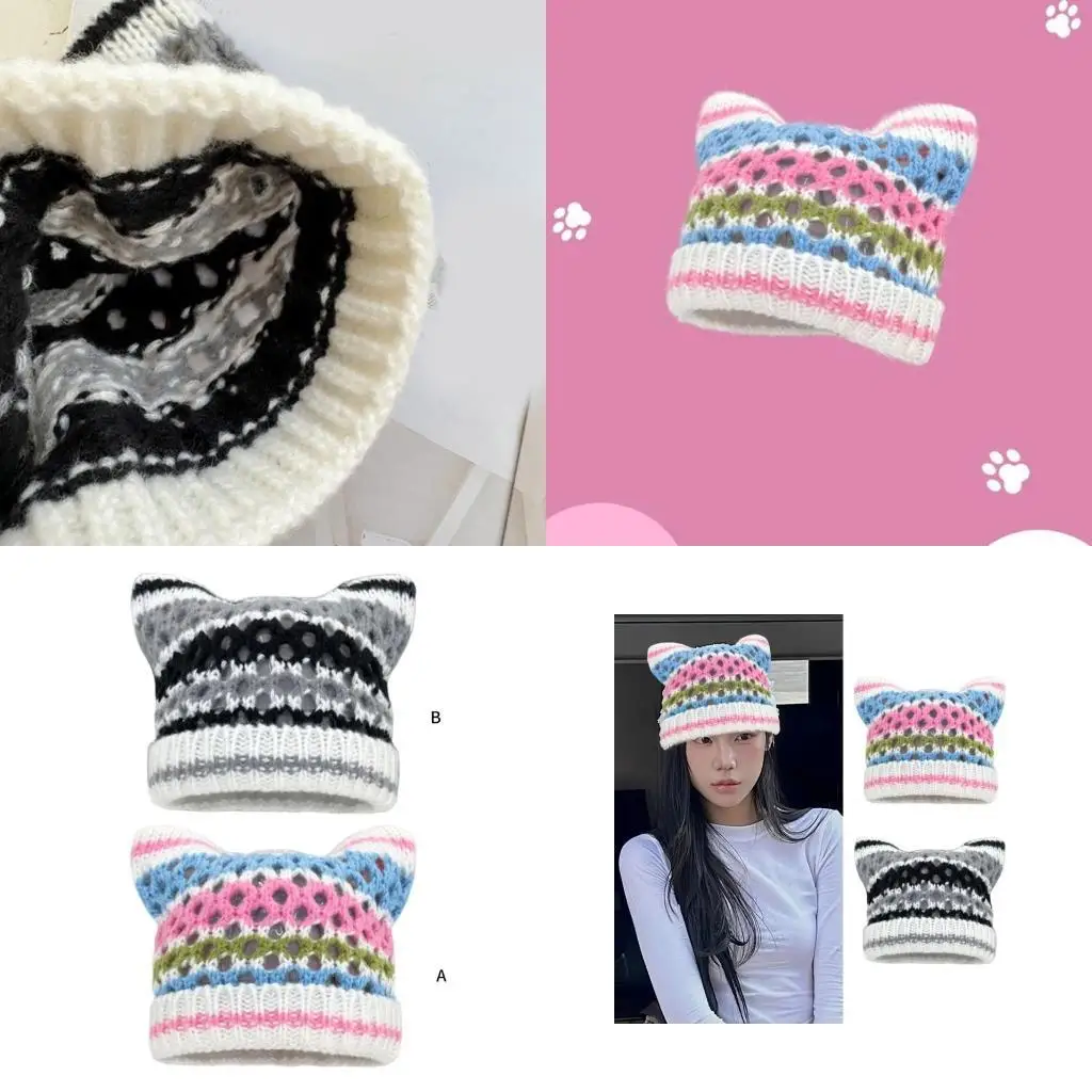 

652F Crochet Hat for Women Girl Handmade Cats Ear Hat Lovely Anime Skull Hat 2000s Hollowed Pullover Hat Knitted Headwear