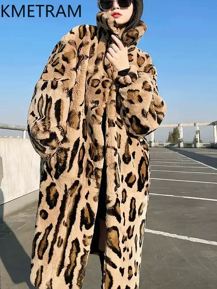 Real Rex Rabbit Fur Coat Women Long Leopard Print Fur Jacket 2024 Trending Fashion Winter Clothes Woman New in Outerwears шуба