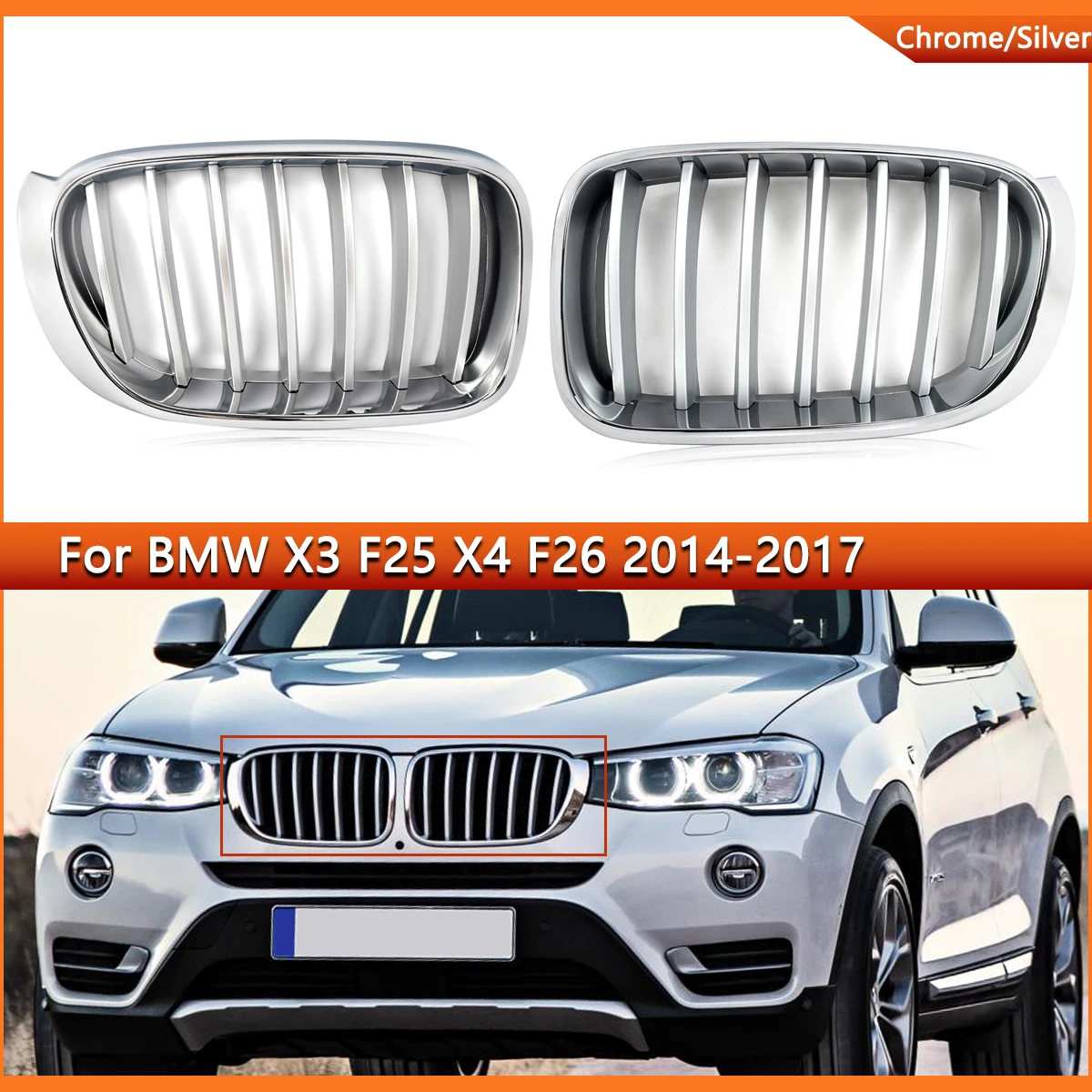 SAIQINGSP Right/lift Side Front Kidney Grille Grill with Chrome Color Fit for BMW X3 F25 X4 F26 2014-2017 Facelift