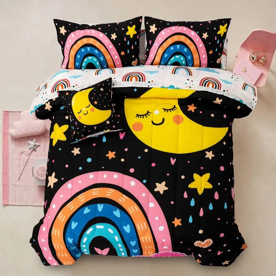 

Комплект постельного белья из 6 предметов с мультяшным радужным принтом и улыбающимся лунным рисунком для мальчиков и девочек, черный, размер Twin