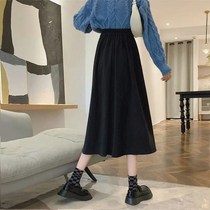 Herfst Wollen A-lijn Rok voor Vrouwen Mori-meisje Hoge Taille Faldas Largas Streetwear Temperament Zwarte Midi Rokken Casual klassieke