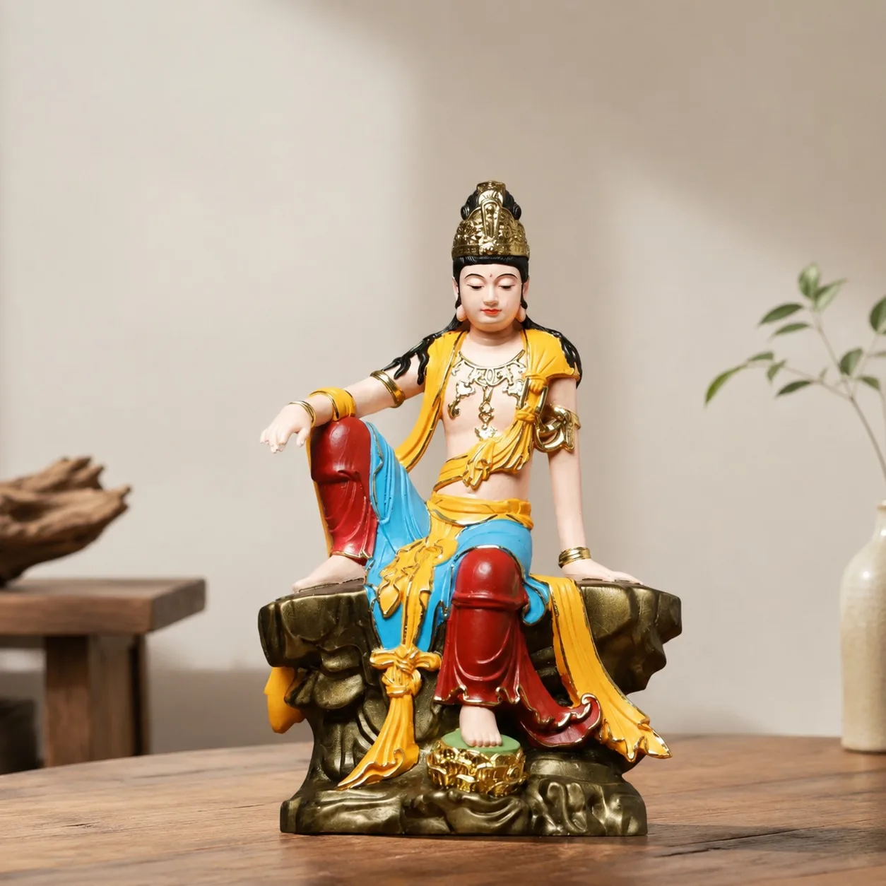 Hand Carved Hinoki Wood Zizai Avalokitesvara Bodhisattva Statue for Zen Buddhist Home Living Room Tabletop Decor Gift