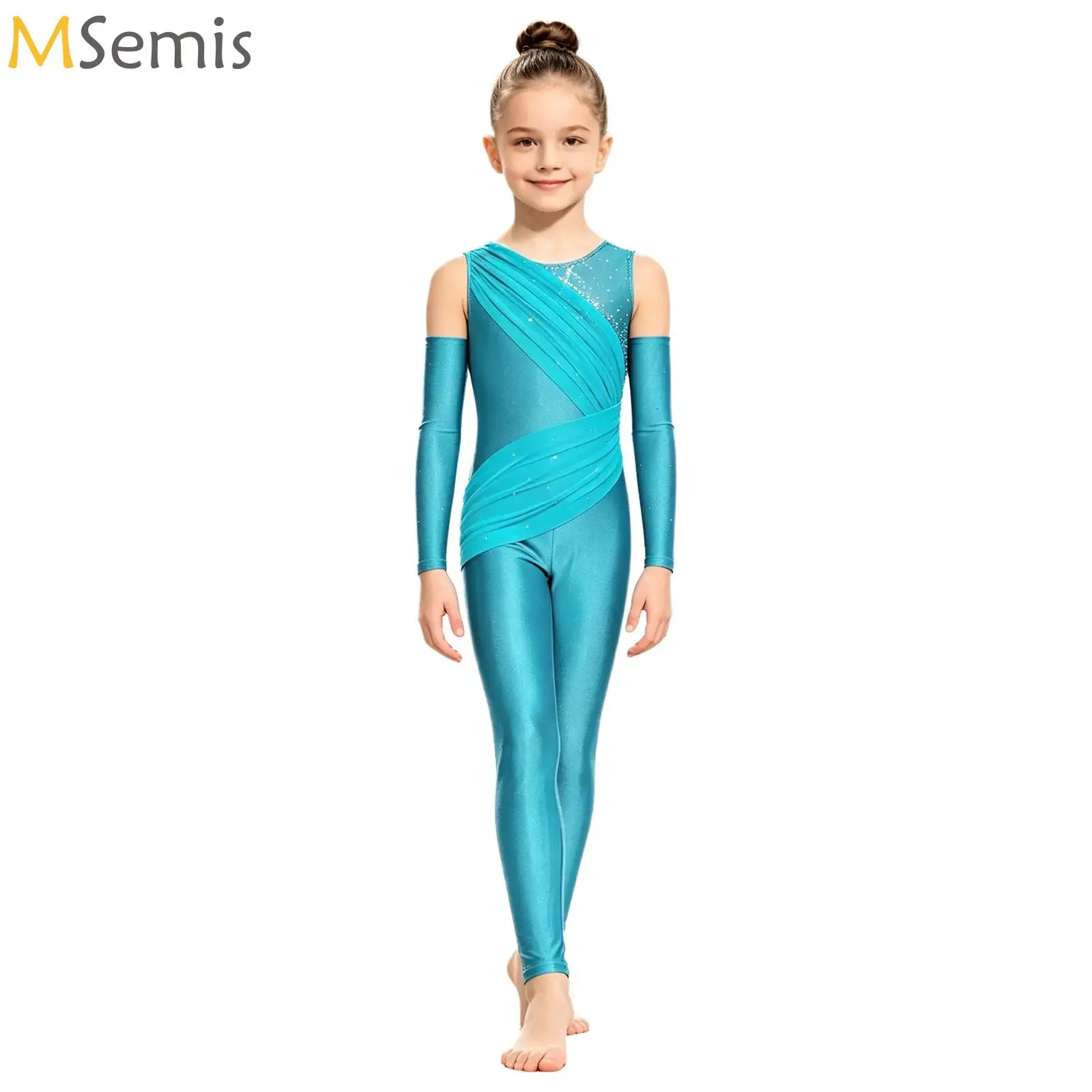 Kids Girls Shiny Rhinestones Ballet Dance Unitards Jumpsuit Figure Skating Gymnastics Leotards Dance Acrobatics Costume + Gloves
