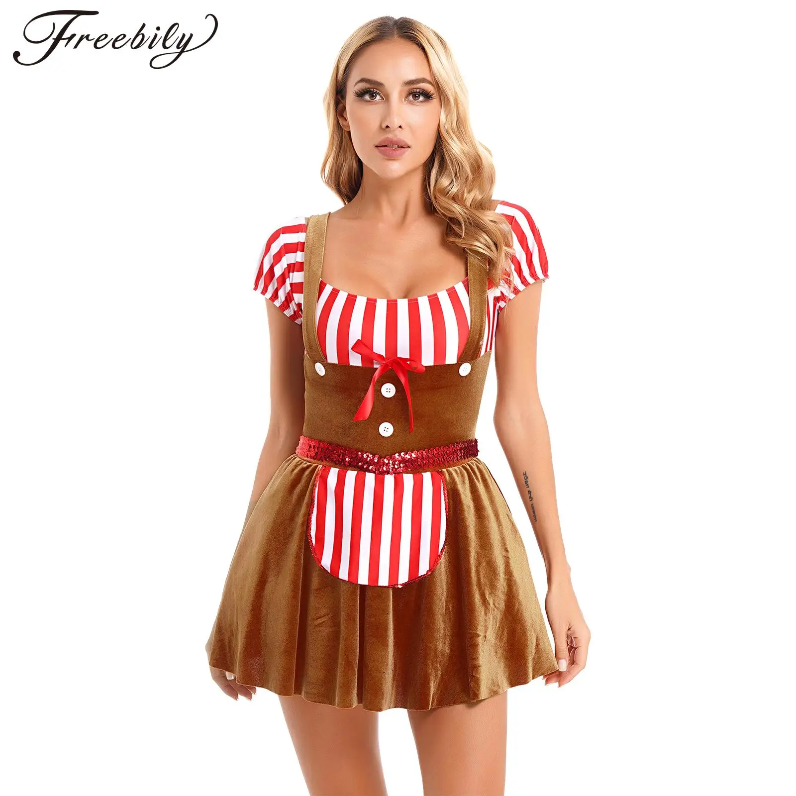 Womens Christmas Dress Halloween Xmas Theme Party Cookie Girls Cosplay Show Costume Short Sleeve Velvet Striped Leotard Tutu