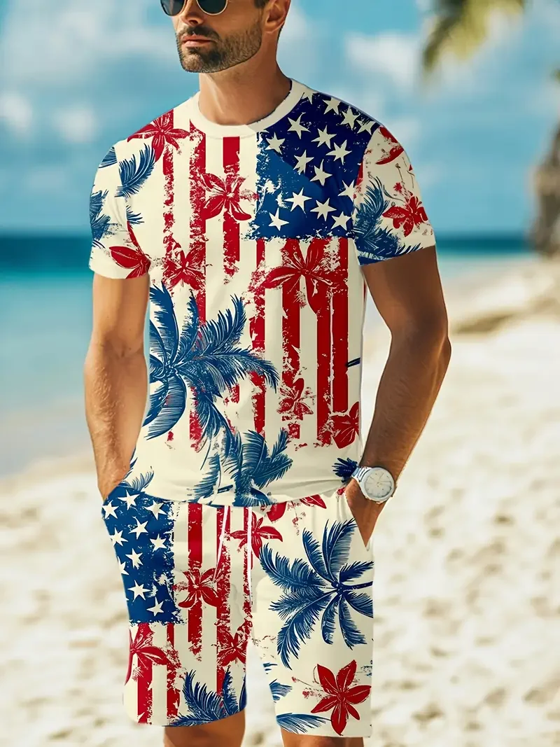 

2025 fashion Men's casual sports suit Summer chic Hip hop street style 3D printed T-shirt shorts set outdoor sport