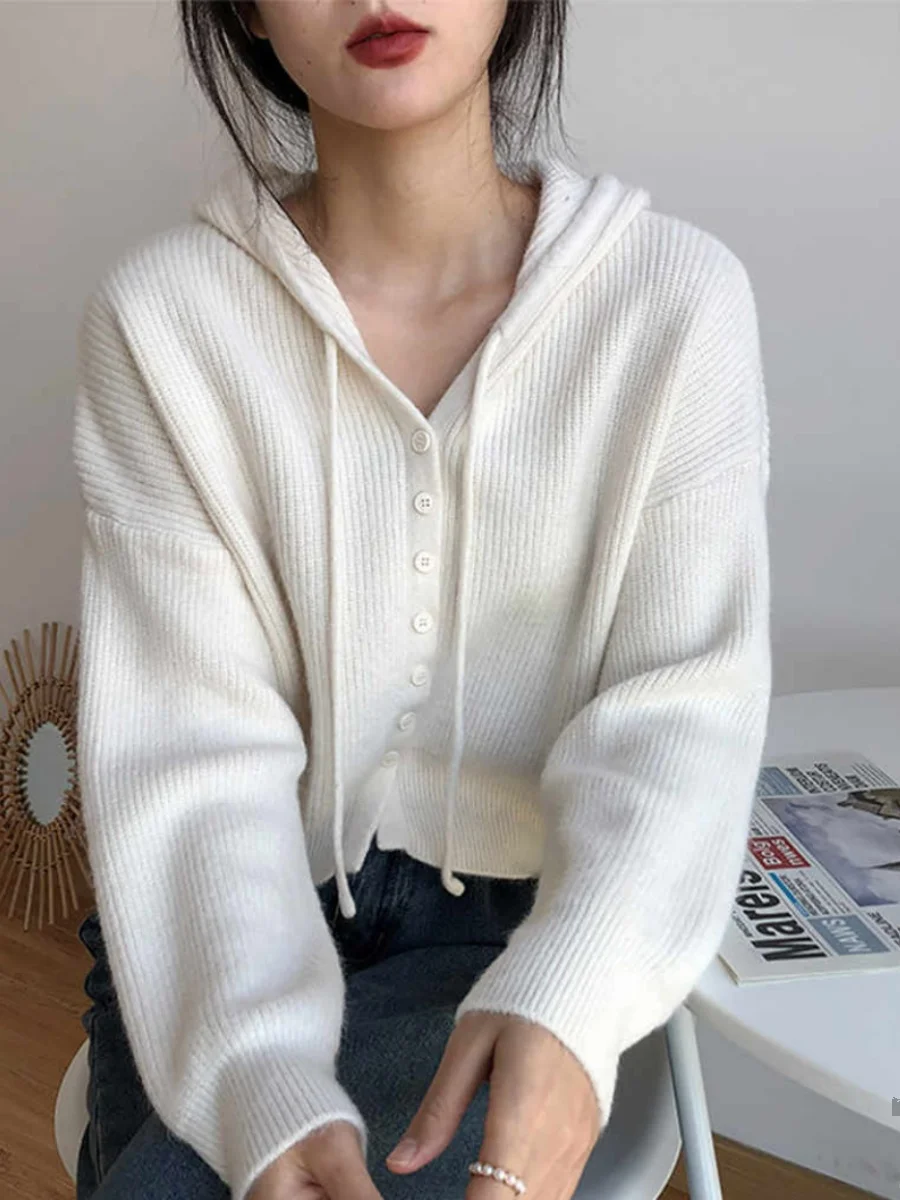 AOSSVIAO 2026 Autumn Winter New Hooded Knit Women Cardigan Cropped High Waist Figure Flattering Chic Outer Sweater Coat