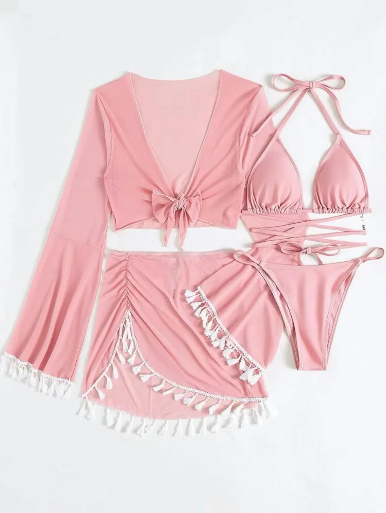 Nadanbao Sexy Solid Color Fringe 4-Piece Bikini Sets Women Fashion Beach Party Swimwear Female Bandage Flare Sleeve Swimsuit