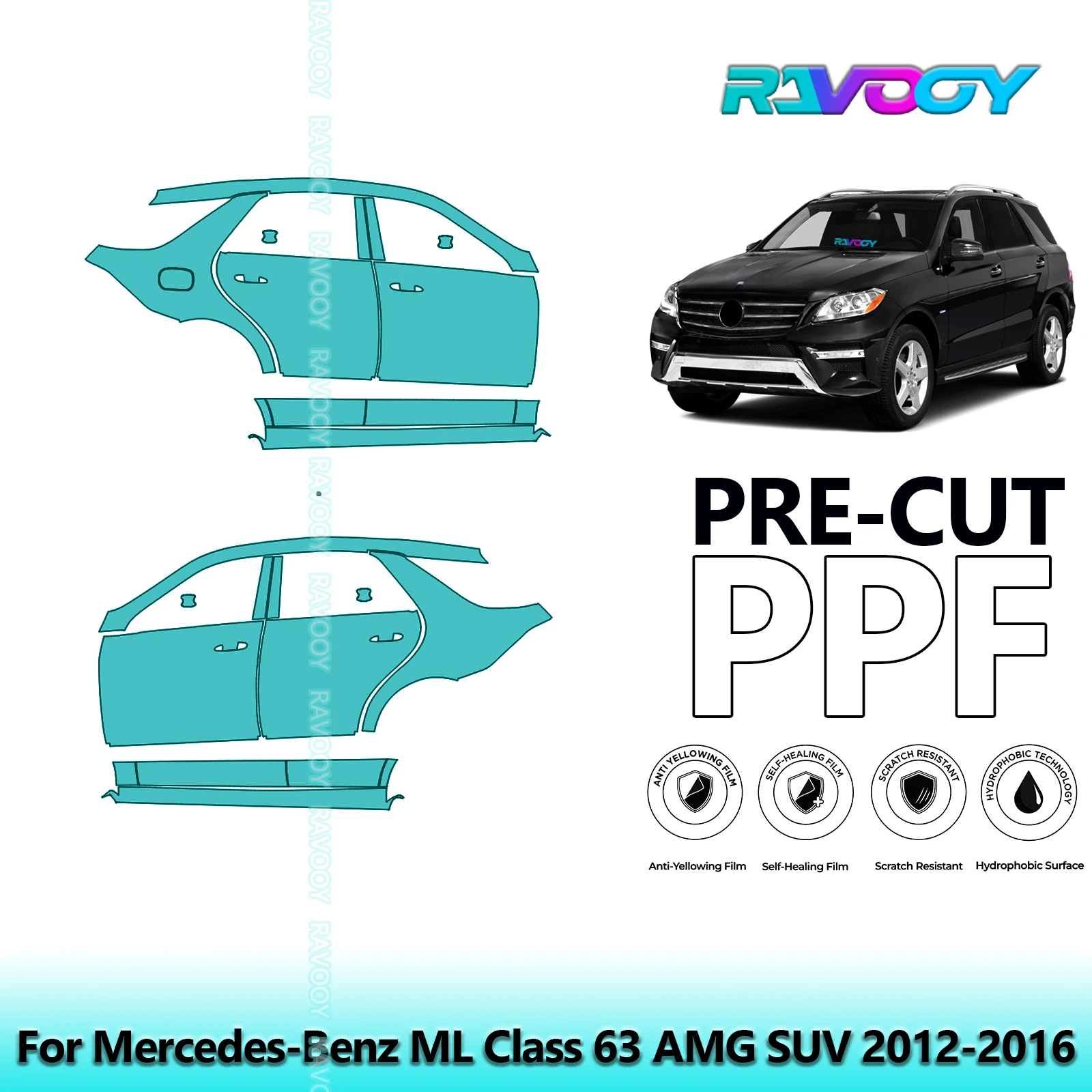 

For Mercedes-Benz ML Class 63 AMG SUV 2012-2016 8.5mil Pre-Cut PPF Door & A/B Pillar Kit TPU Paint Protection Film Set